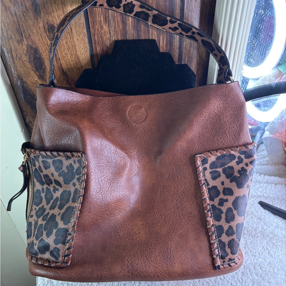 Brown Faux Leather Tote with Leopard Trim - Women Bags NWOT